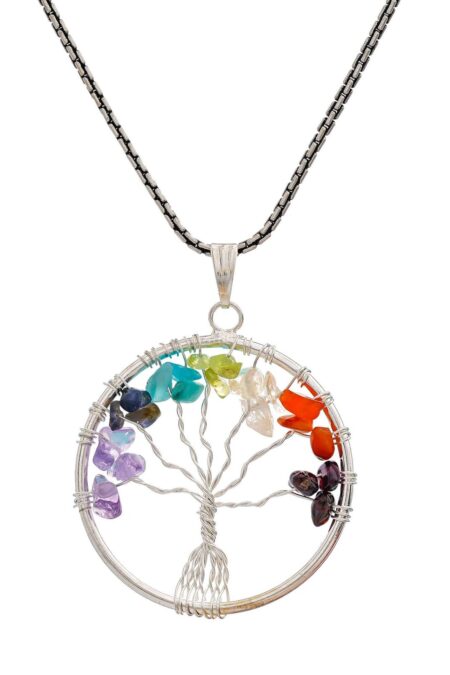 7 Chakra Pendant Tree of Life Crystal Stone Pendant Locket with Metal Chain for  Healing Crystal Healing Gemstone Size 35-40 mm clear quarts7 chakra