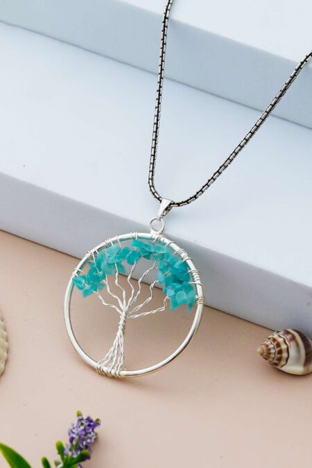 Amazonite Pendant Tree of Life Crystal Stone Pendant Locket with Metal Chain for  Healing Crystal Healing Gemstone Size 35-40 mm Amazonite