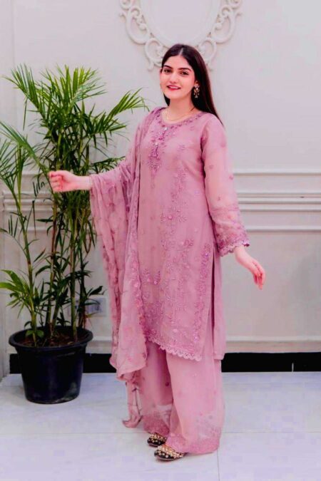 Women's Faux Georgette Embroidery work Straight Kurti With Pant and Dupatta Set