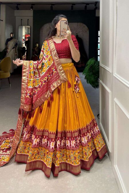 Women's Tussar Silk Patola Print Lehenga Choli Dupatta Set