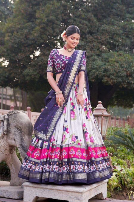 Women's Patola Print Tussar Silk Lehenga Choli Dupatta Set